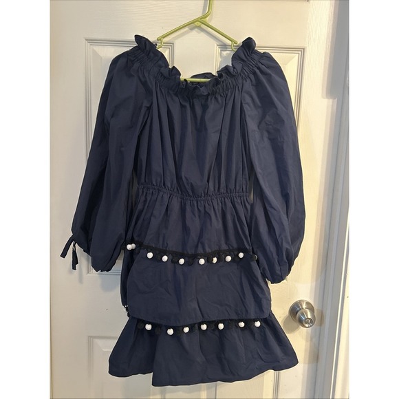 VTG Ina Womens Blue Off Shoulder Long Sleeve Fit‎ & Flare Dress Size Large - Picture 1 of 7